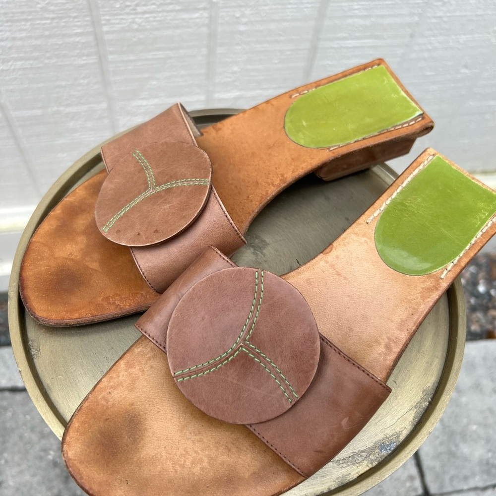 Kate Spade Rare Leather Stitched Sandle Slide Sz 5.5 Brown With Block Heel